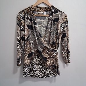Chico's Black and Brown Patterned Wrap Blouse